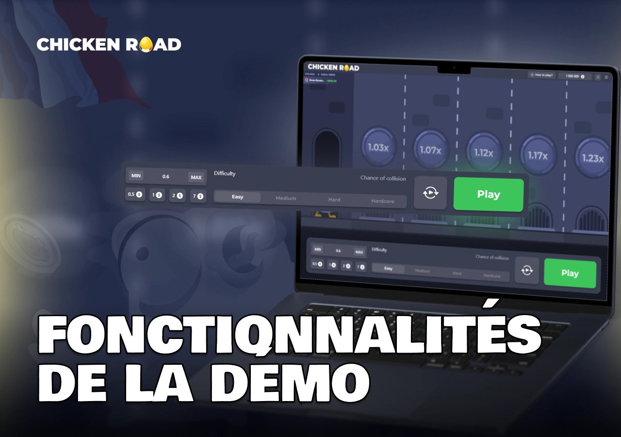 Fonctionnalités de la démo Chicken Road présentées sur ordinateur, avec niveaux de difficulté et options de jeu claires