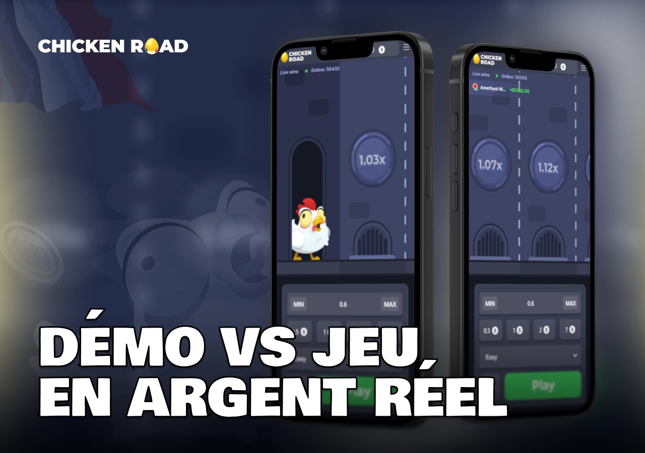 Comparaison entre Chicken Road en mode démo et en argent réel pour joueurs français, montrée sur smartphones modernes
